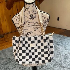 Fashion and Bag white and grey checkered plush handbag nwot gold hardware